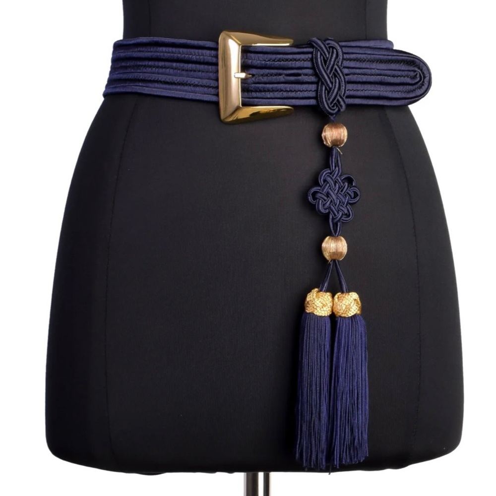 Yves Saint Laurent VTG Navy Silk Passementerie Tassel Belt w/ Gold Details